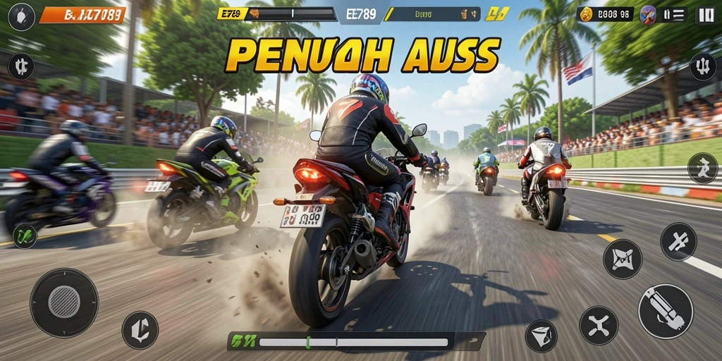 Screenshot gameplay EE789 dengan aksi balapan motor yang intens.