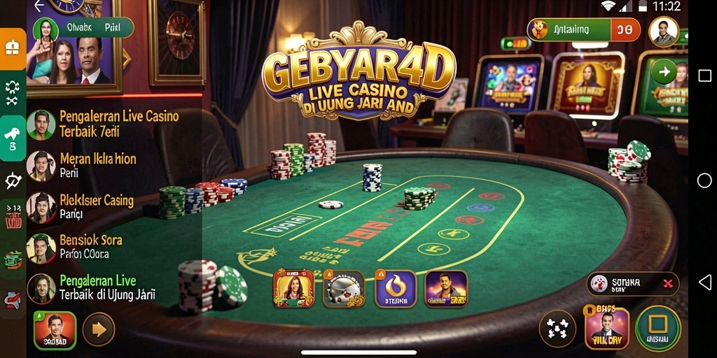 Screenshot gameplay GEBYAR4D dengan dealer langsung dan suasana kasino yang mengasyikkan.